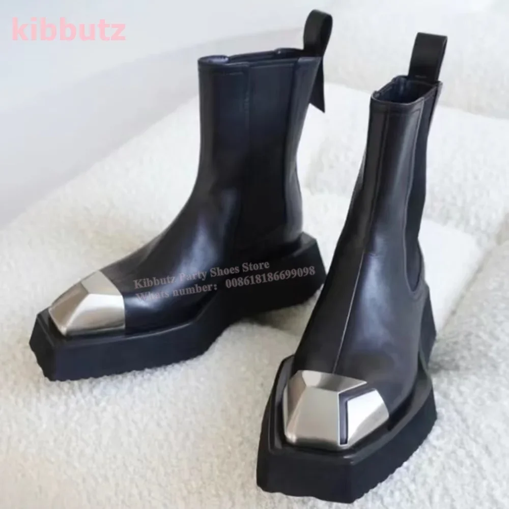 Metal Square Toe Ankle Biker Boots Thick Sole Luxury Leather Solid Color Black Slip-On British Style Fashion Elegant Sexy Shoes - Image 4