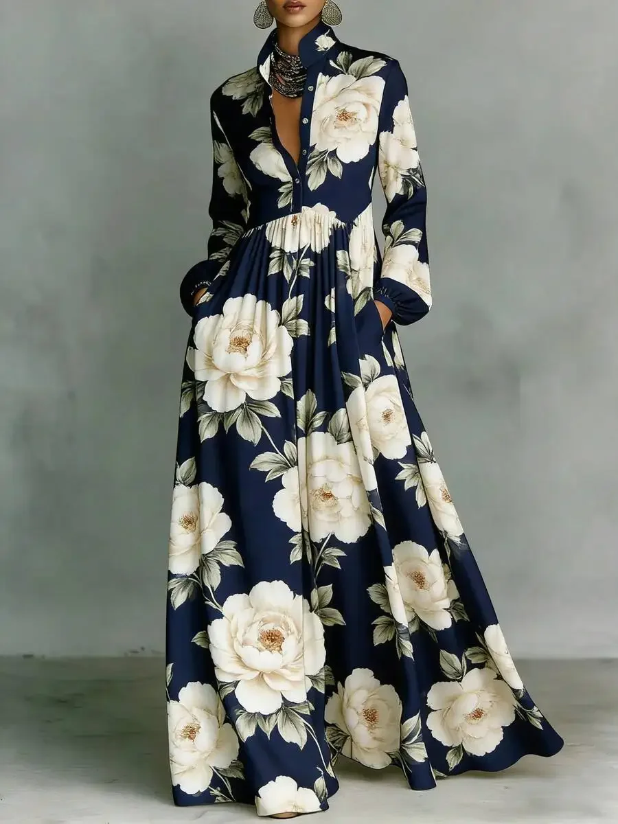 

Blue Floral High-Collar Long Sleeve Maxi Dress With Button Front, Cinched Waist For Casual Party And Vacation Wear