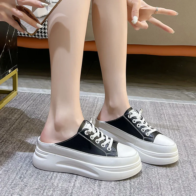 

Кожаные сандалии на плоской подошве с толстой подошвой, женские летние новые стильные весенние повседневные туфли без шнуровки, одиночные туфли для отдыха для ленивых