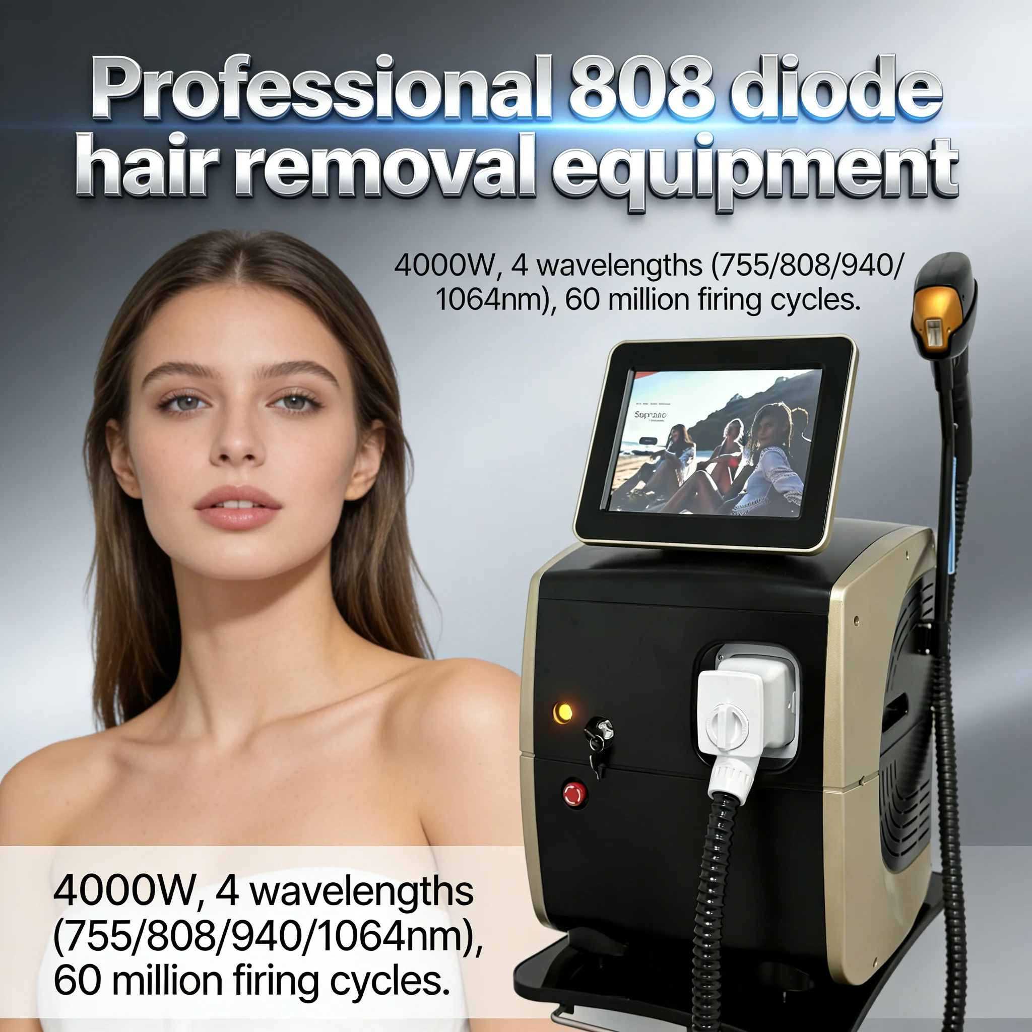 

Профессиональный диодный лазер для удаления волос с 4 длинами волн (755, 808, 940, 1064 нм), CE, титановое охлаждение, для безболезненной и постоянной эпиляции лица