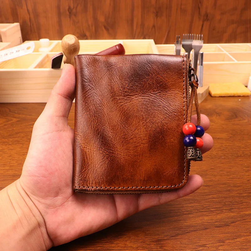 

Zippered Wallet Card Case Folded Bills Storage Coin Organizer Wallet Travel Accessories Handmade Full Grain Leather Coin Purse