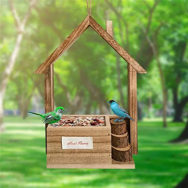 DT15 Wooden Bird House Feeder, Hanging Feeding Tool for Outdoors, Bird Nest Food Container Dispenser for Garden