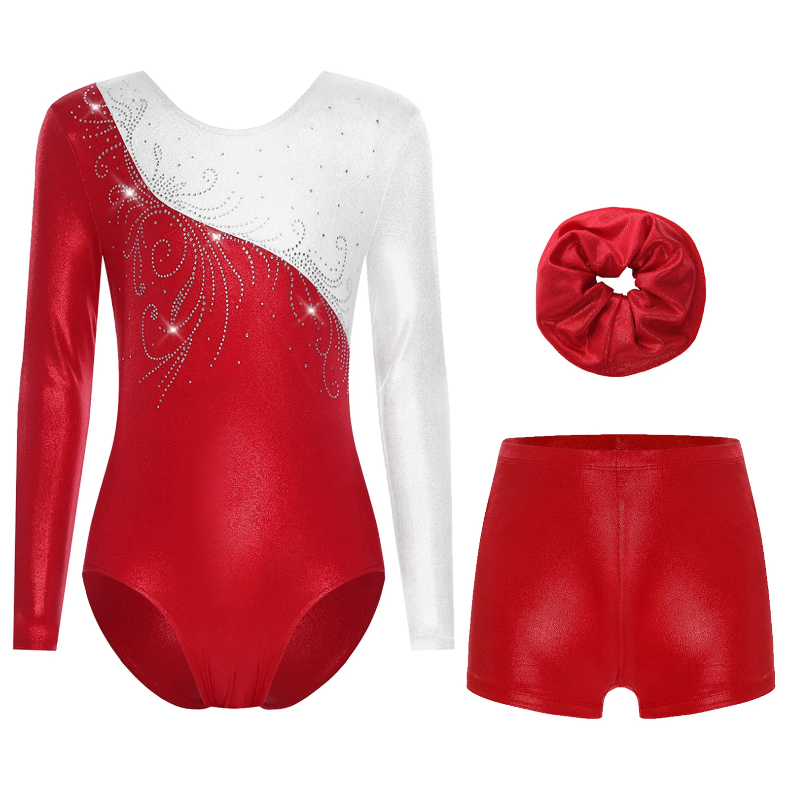 

Kids Girls Ballet Dance Set Gymnastics Figure Skating Costume Long Sleeve Shiny Rhinestones Leotard with Shorts Hairband Suit