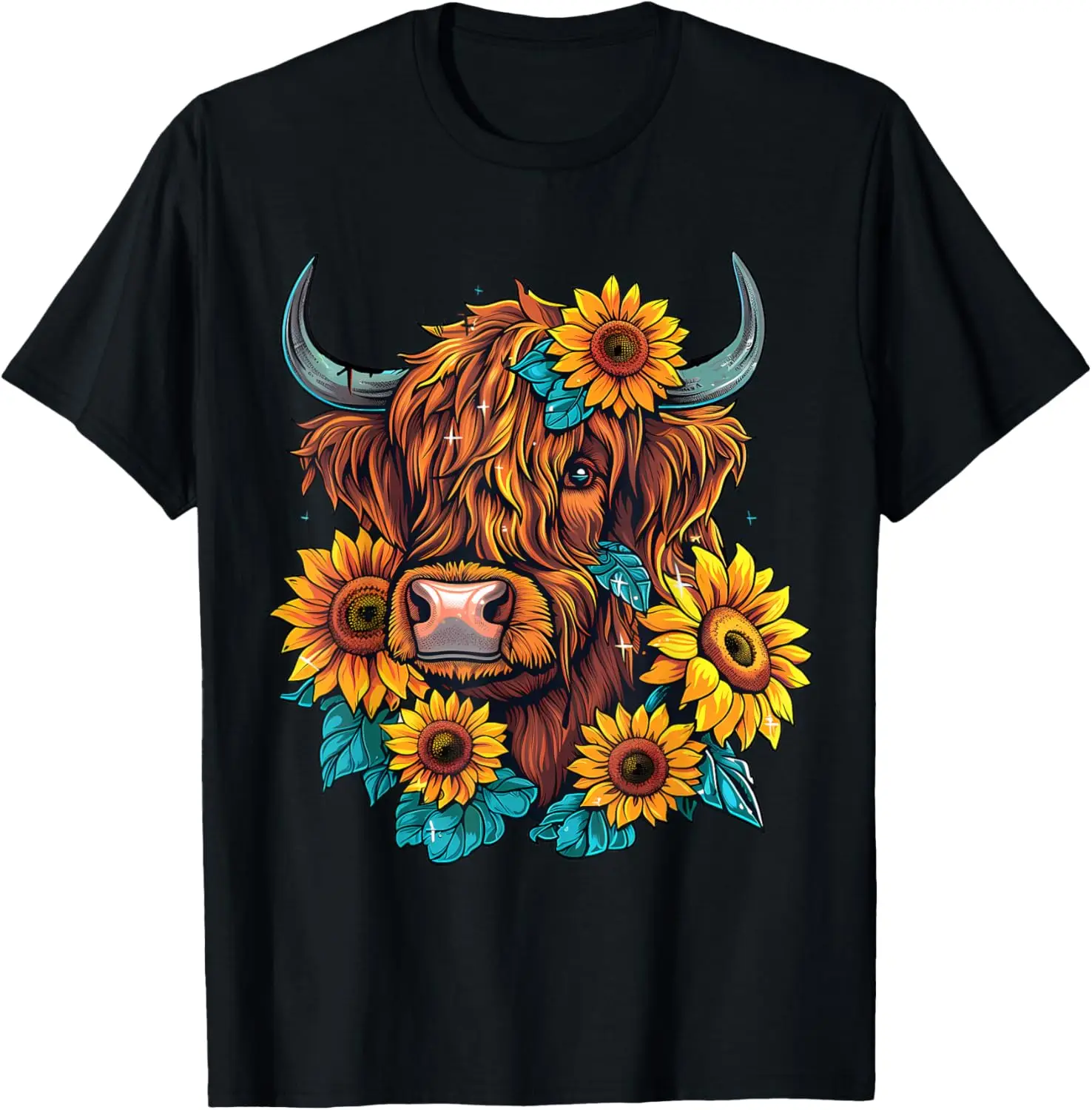 

Cute Scottish Highland Cow with Sunflowers Design T-Shirt