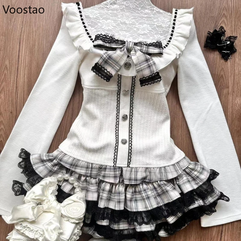 Japanese Gothic Lolita 2 Piece Sets Women Sweet Bow Long Sleeves Blouse Tops Lace Ruffles Plaid Mini Skirt Female Korean Outfits