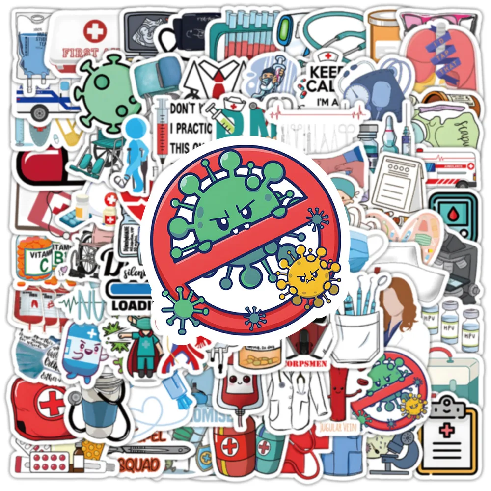 50/100Pcs Doctor Stickers Cartoon Medical Vinyl Decal Waterproof Nursing Sticker Pack for Luggage Water Bottle Decor