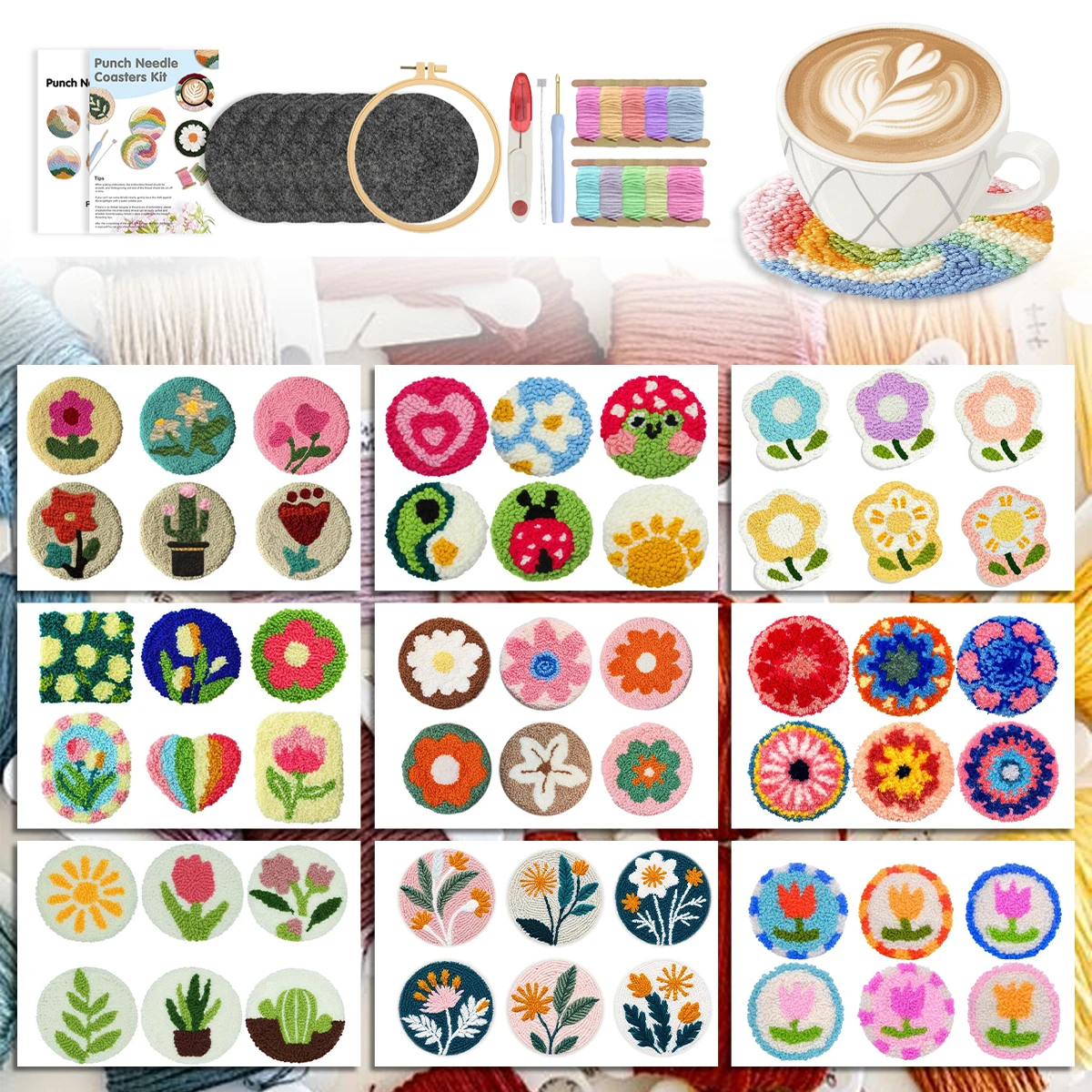 

GATYZTORY Punch Needle Package Coaster flowers 6pcs Embroidery And Creativity Crafts Supplies Adults Diy Kits Cross Stitch Kits