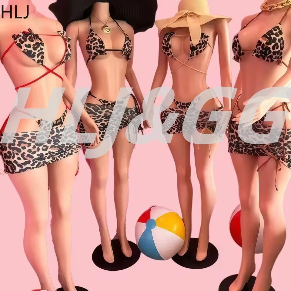 

HLJ Sexy Leopard Printing Two-Side Wearable Reversible Leopard Bikini Women Swimwear Female Swimsuit Three-pieces Bikini Set New