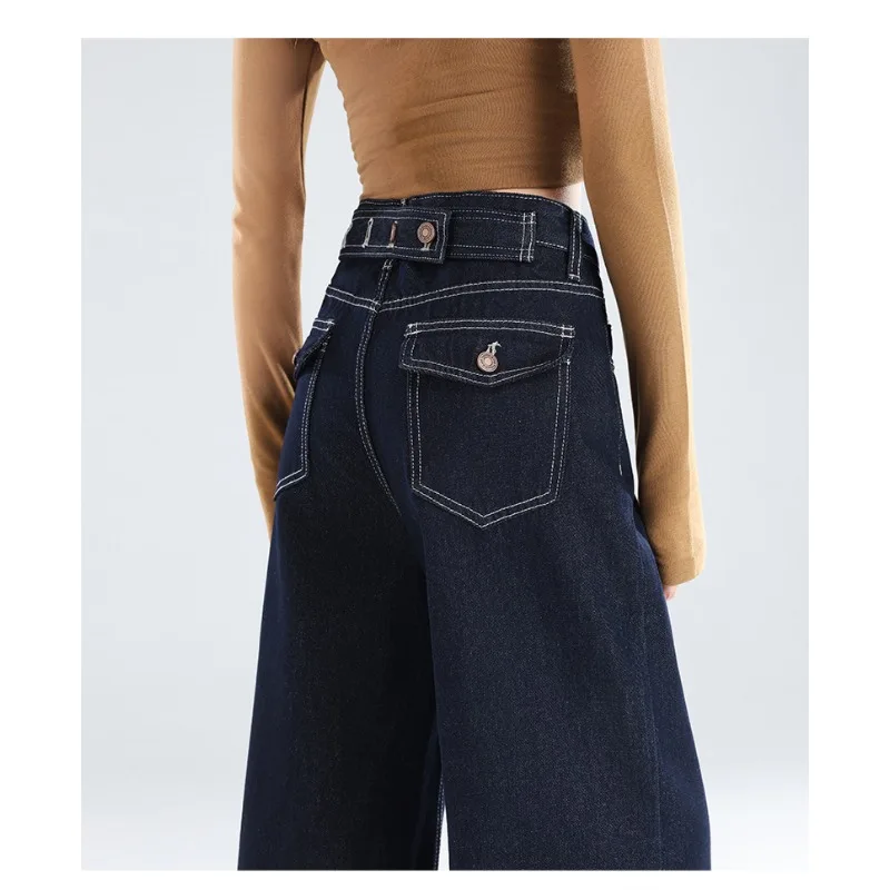 OIQERE Women 2026 Autumn American Dark Blue Wide Leg Jeans High Waist Slim Loose Stylish Straight Denim Long Trousers