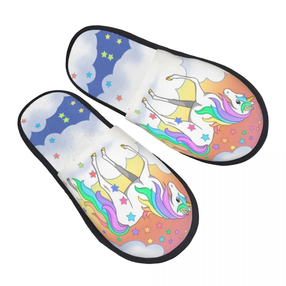 Custom Pretty Rainbow Unicorn Falling Stars Soft Memory Foam House Slippers Women Cozy Warm Anti-Skid Slipper