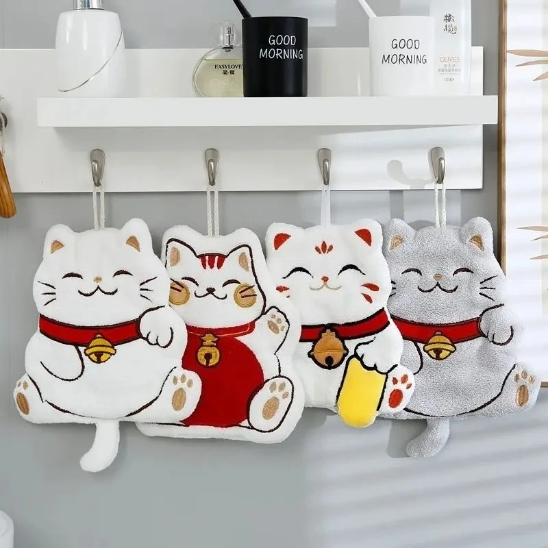 New Year's Coral Fleece Lucky Cat Hand Towel Soft  Absorbent Cute Embroidered Rag Quick Dry Handkerchief Hanging Towels