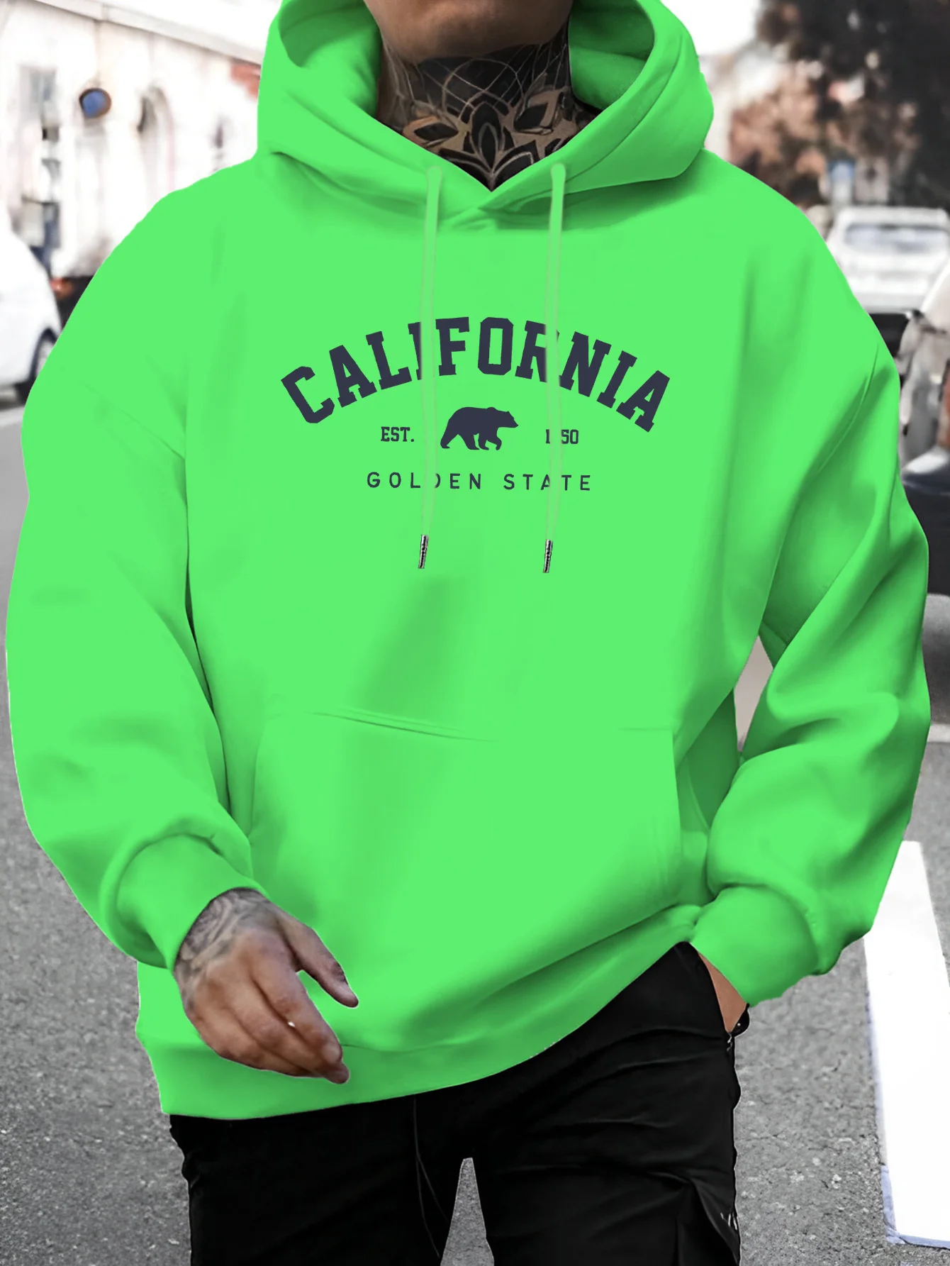 2025 Men's Casual Versatile Style Fashion Hoodie,  California Letter Print - Casual Pullover, Kangaroo Pocket, Stretch Fabric, Machine Washable - Perfect Choice for Spring and Autumn Seasons
