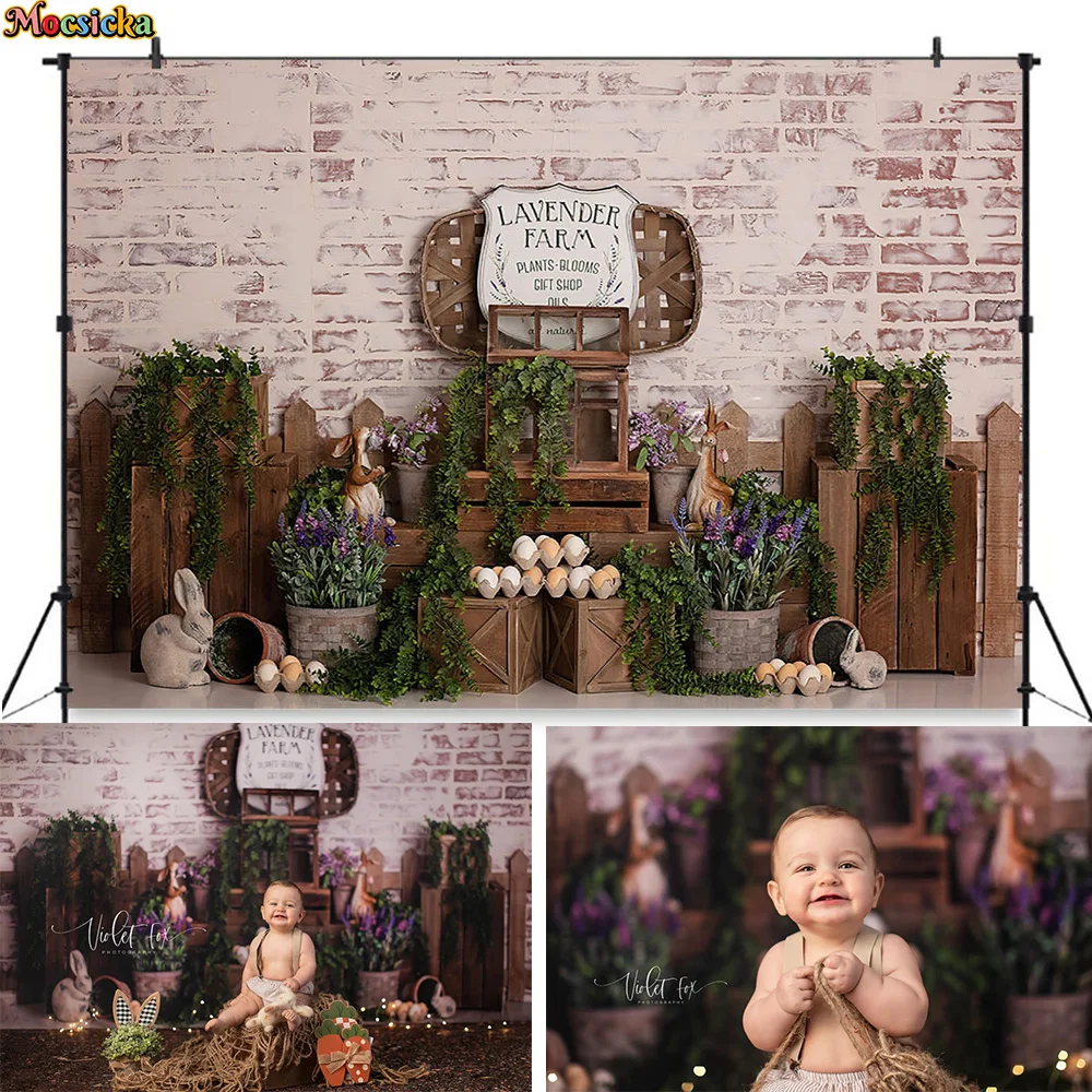 

Spring Lavender Farm Background Kids Cake Smash Photography Studio Easter Wooden Fence Backdrop Newborn Photo Brick Wall Booth