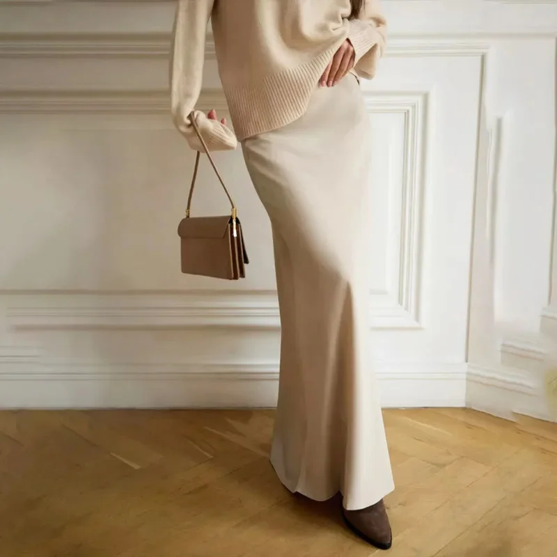 Spring Satin Complexion Long High Waisted Skirt Elegant Solid Color Floor Dragging Fishtail Skirt Fashion Women's Banquet Skirt