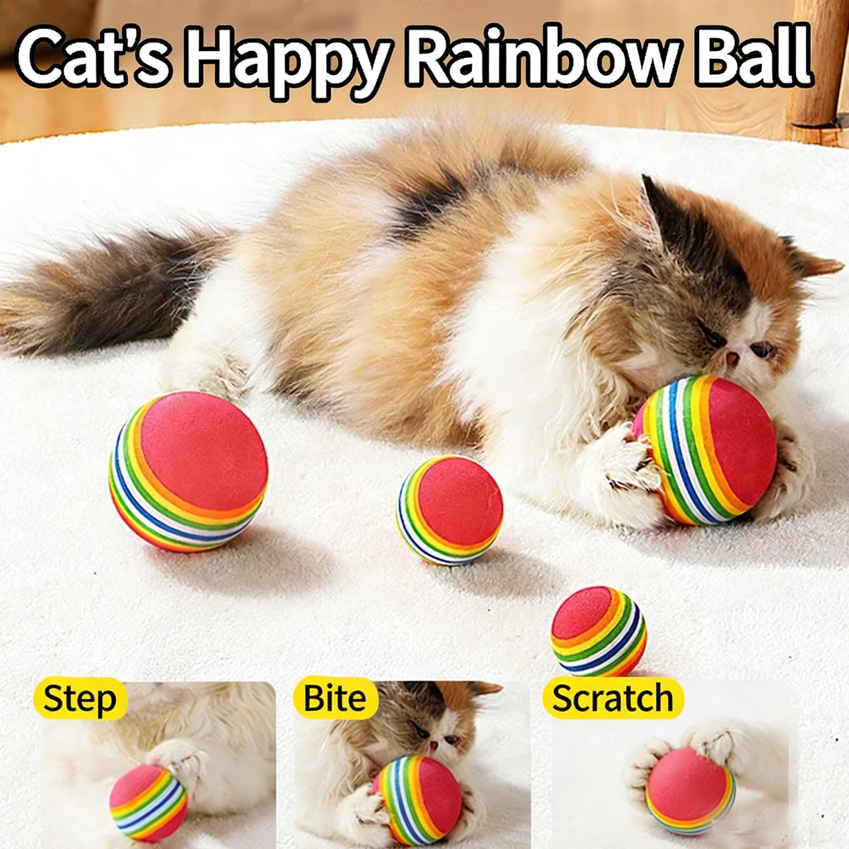 

Cat Toy Rainbow Ball Elastic Solid Silent Teething Toothbrushing Interactive Pet Toy Cat Biting Ball