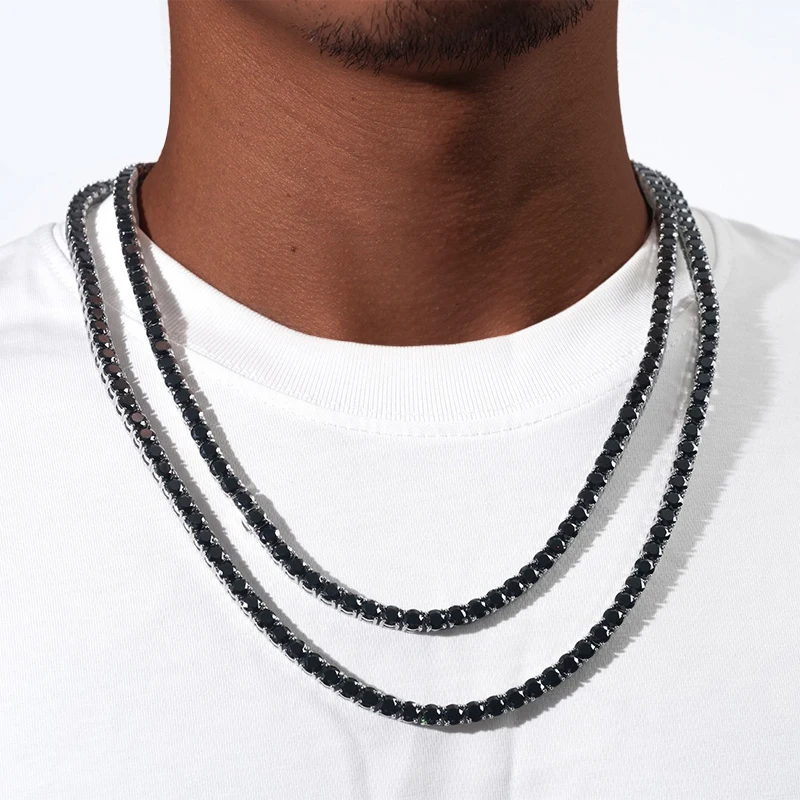 NeeTim 3/4/5/6.5mm Black Moissanite Tennis Necklace for Women Man 925 Silver with Gold Plated Neck Chains Hiphop Party Jewelry