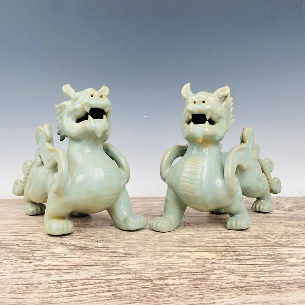 

11.4 Inch A Pair Porcelain Song Dynasty Ru Kiln Cyan Glaze Ice Crack Brave Troops Statue for Decorative Display Collectible