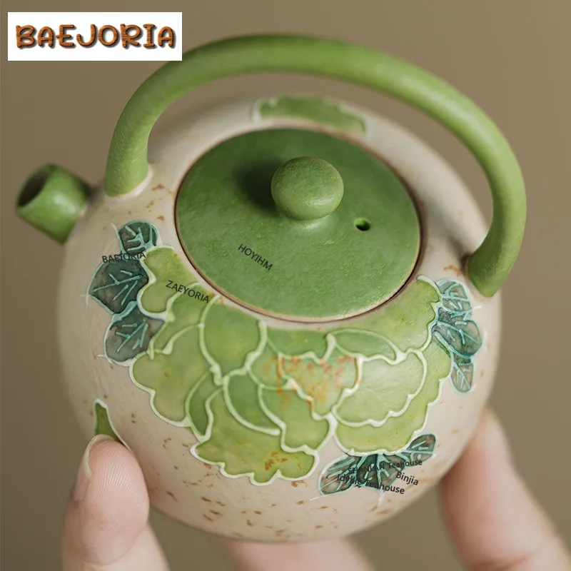 BAEJORIA 90ml Brownish Green Hand Painted Peony Teapot Retro Tea Infuser Pot Tea Brewing Kettle With Strainer Cha Ornaments Gift