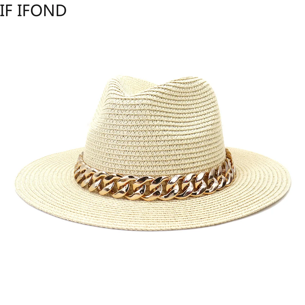 Fashion Gold Chain Belt Panama Straw Hats For Women Summer Breathable Beach Sun Hats Elegant Ladies Party Jazz Hat