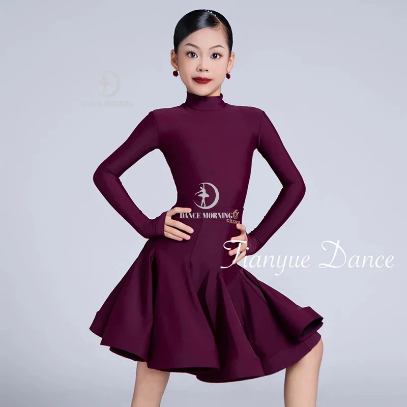 

Бордовое платье для соревнований по латинским танцам, профессиональная танцевальная одежда для девочек, тренировочная одежда для танцев ча-ча, с длинными рукавами 22357