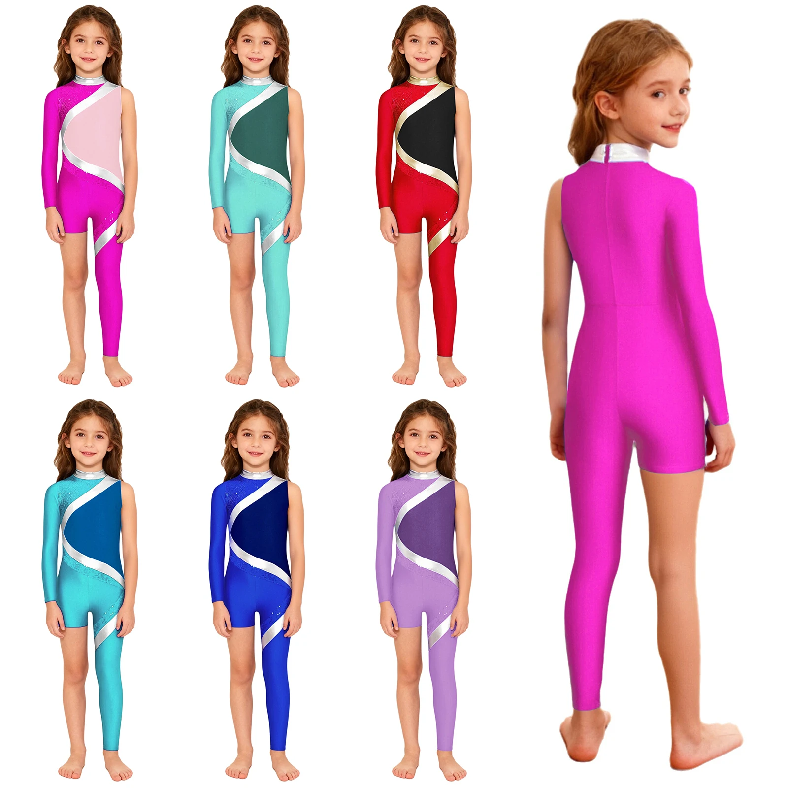 Patinação artística crianças meninas ginástica rítmica collants bodysuits assimétrico brilhante lantejoulas contraste cor macacão desempenho