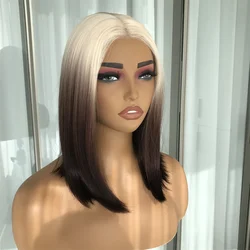 Blond tot bruin korte bob Wear and Go lijmloze pruik Synthetische kantpruiken voor vrouwen Voorgesneden vooraf geplukt 14 inch voor dagelijks gebruik