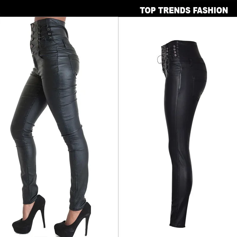 Women's Pants High Waisted Buckle Strap Decorative Coating Imitation Leather Pants Elastic Denim Leggings PU Trousers Women