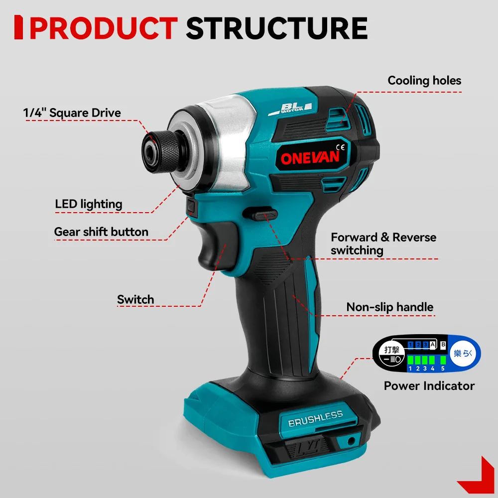 ONEVAN 5-Speed 600N.m Brushless Electric Screwdriver Rechargeable Cordless Electric Drill Screwdriver For Makita 18V Battery Pin