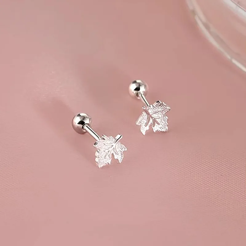 Cute Mini 925 Sterling Silver Screw-back Maple Leaf Stud Earrings for Women Girls Korean Nature-inspired Jewelry Gifts Colorfast