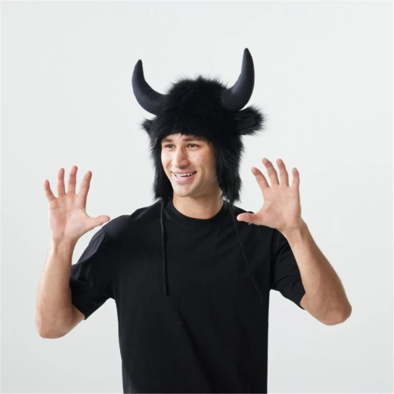Gorro cálido para clima frío con cuerno de toro y orejeras, gorro de cazador de felpa para mujeres y adolescentes, fiesta de juegos de rol, esencial para invierno