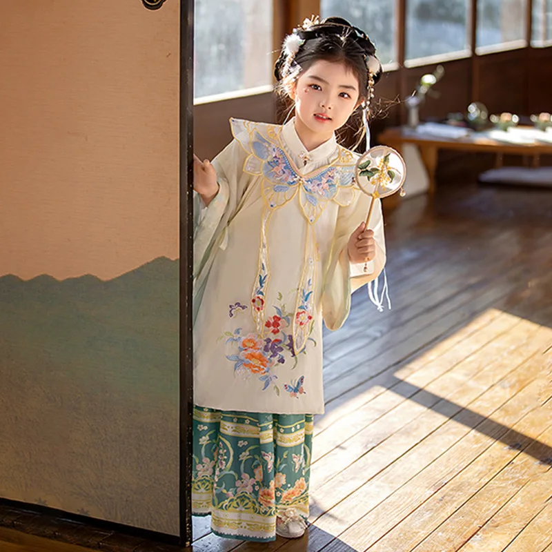 Girls Hanfu Twinset Embroidery Top And Brocade Satin Mamianqun Skirt 2PCS Suit Set Chinese Traditional Clothes For Kids