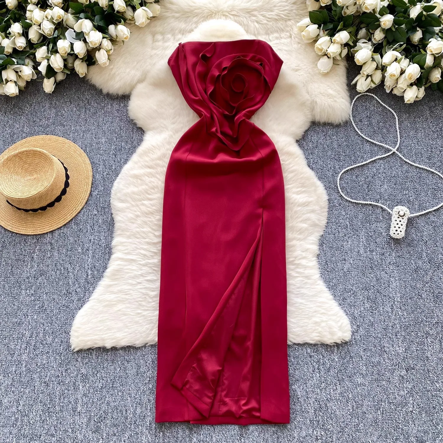 Sexy Hohe Qualität Sommer Frauen Liebsten 3D Stero Blume Verband Kleid Schwarz Rot Ärmellose Midi Bodycon Party Abendkleider