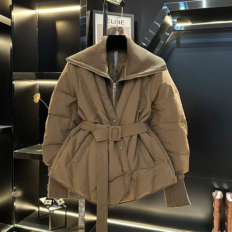 

Winter New Women Cotton Jacket Waist-Cinching Brown Elegant Coat Fake Two-Piece Design Comfortable Fit Cotton Coats
