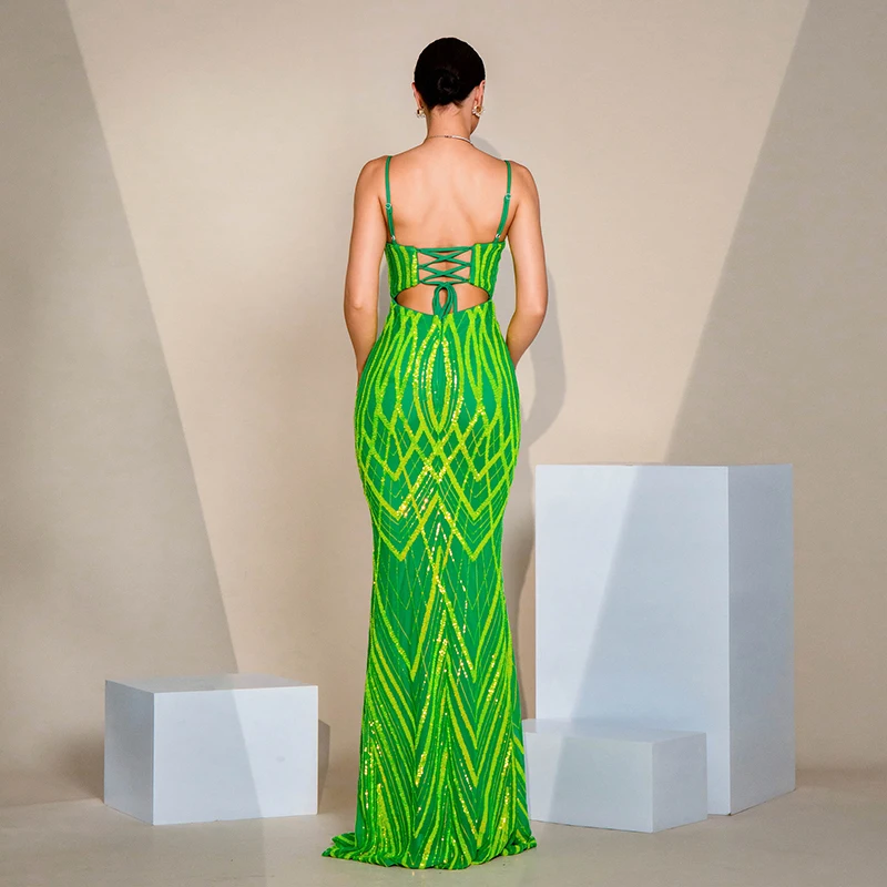 Elegant Sexy Women Spaghetti Strap Backless V Neck Green Sequined Sheath Cocktail Prom Evening Party Long Dress For Ladies