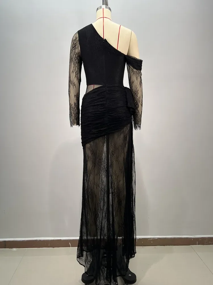 2024 mulheres sexy um ombro renda cortar preto split maxi longo bodycon vestido elegante festa à noite palco desempenho vestido