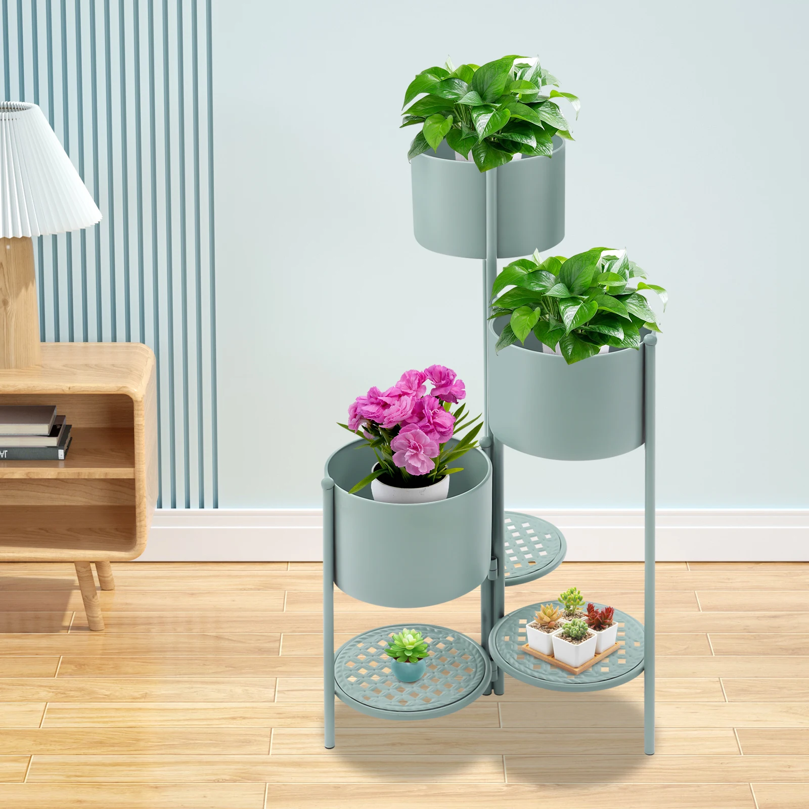 

Corner Plant Stand for Indoor Plants, Shabby Chic Green Tiered Ladder Shelf, Vintage Iron Display Rack for Living Room Decor