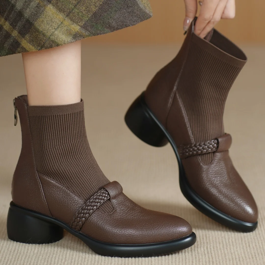 

2025 New women's sheepskin stretch knit patchwork back zip pointed toe autumn ankle boots 5cm round med heel casual short boots