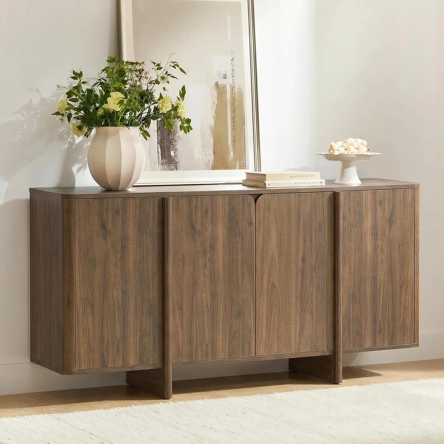

Modern 4-Door Sideboard with Adjustable Shelves, Walnut Finish Storage Cabinet for Living Room, Kitchen, Hallway, Bar