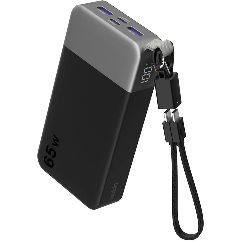 NOBIS Powerbank 65W 20000mAh Tragbares Ladegerät mit Digitalanzeige, Dual USB-C/USB-A Schnellladung mit Kabelhalterung für MacBook, iPhone 18/17/16/15/14/13, Samsung S26/S25/S24/S23