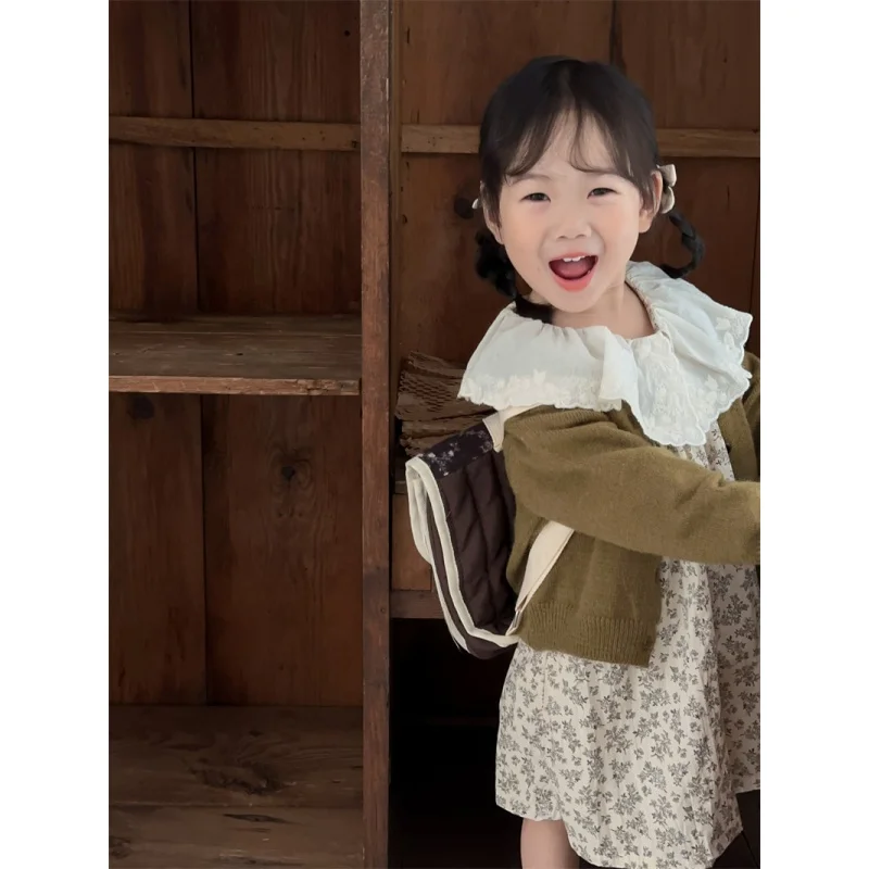 Frühling und Herbst neue Mädchen koreanischen Stil Blumen Revers Kleid Kinder Retro bestickten Kragen Langarm Kleid