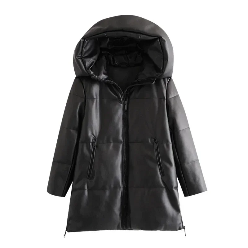 Fall Winter New Women's Jacket Thick Warm Faux Leather Parka Hooded Long Sleeve Coat for Women