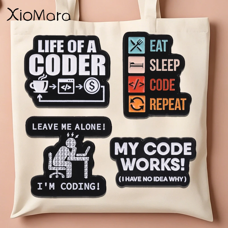 Funny Programmer Code Enamel Pins Eat Sleep Code Repeat I'm Coding My Code Works IT Geek Coder Brooches Badge Jewelry Gifts