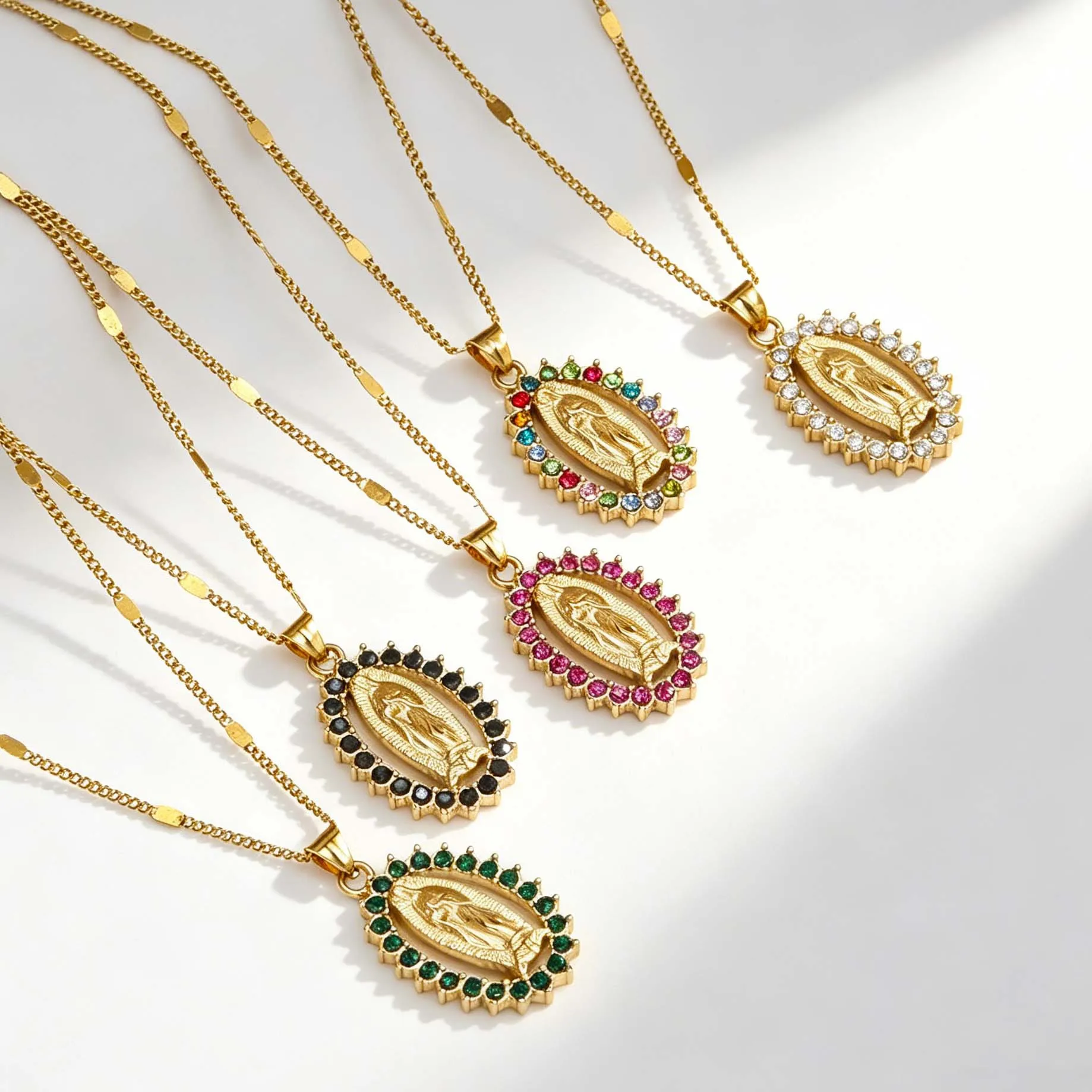 

Virgin Mary Pendant Necklace, 18K Gold Plated Stainless Steel with Colorful Cubic Zirconia Halo, Religious Jewelry
