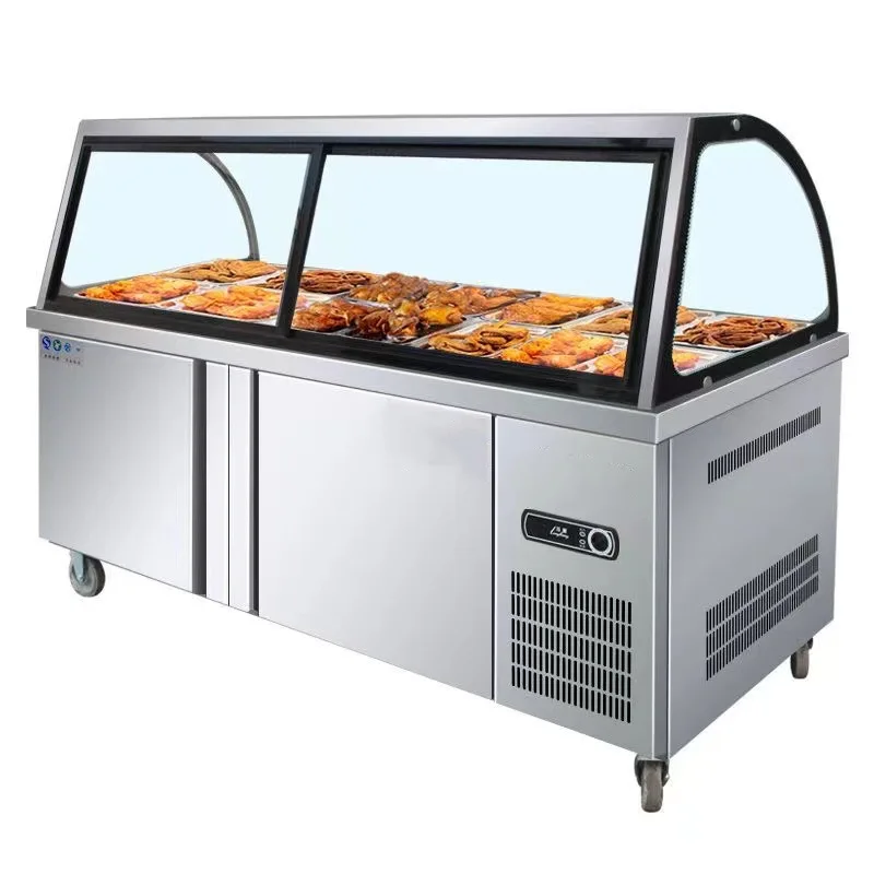 Vitrina comercial de carne estofada para alimentos cocidos, gabinete refrigerado de supermercado de doble temperatura, cuello de pato, vegetales fríos