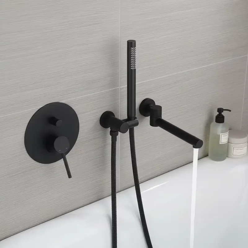 Modern Gold Wall Mounted Bathtub Faucet Set Concealed Bath Shower Mixer with Hand Shower Tub Spout Bathroom Fixture