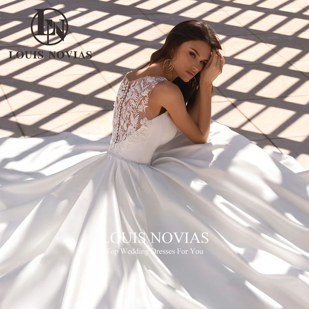 LOUIS NOVIAS-Vestidos de casamento sem mangas de cetim para mulheres, apliques vintage, botão, vestido princesa noiva, 2024