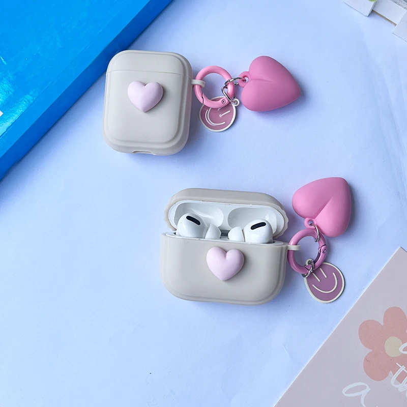 Cute 3D Heart Love Silicone Earphone Accessories Case For Airpods 3rd For Airpods 1 2 Pro2rd Cover Creative Smile Ornament Keyri