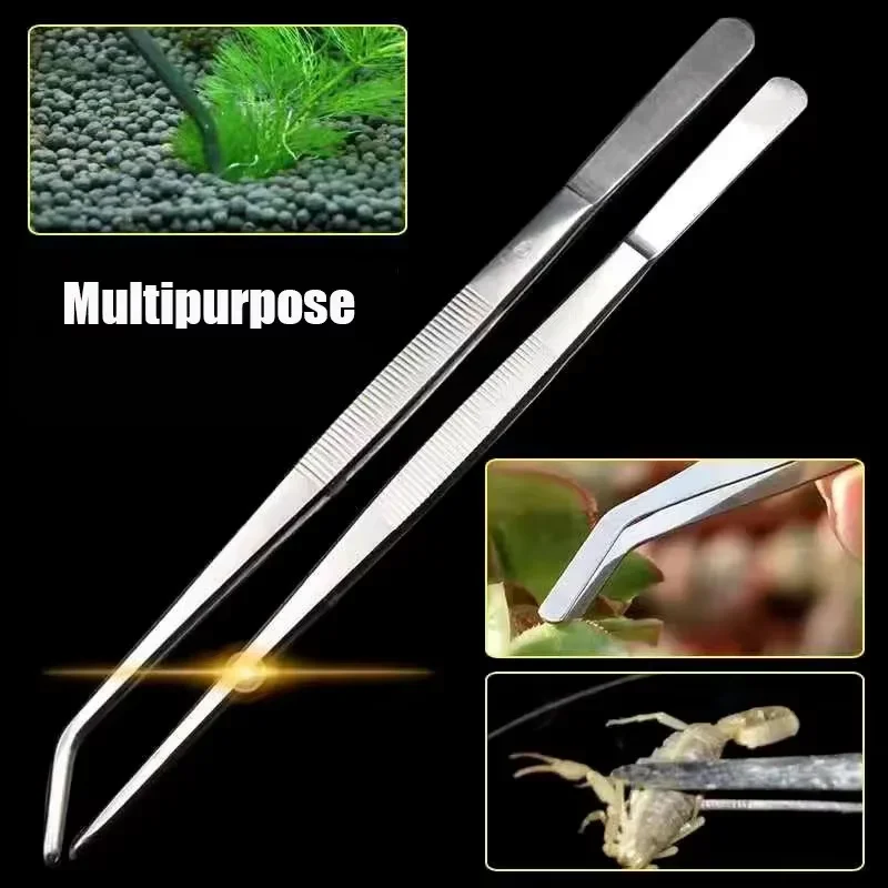 48cm Stainless Steel Aquarium Tweezers Pliers Fish Tank Plant Aquascape Tools Straight Curved Forceps Clip Aquatic Feeding Tongs