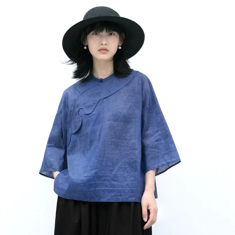 

New Le Collection Summer irt Two-color Woven Linen Blend Formal Chinese Sle Women's Button-up Long Sve round Ne Top