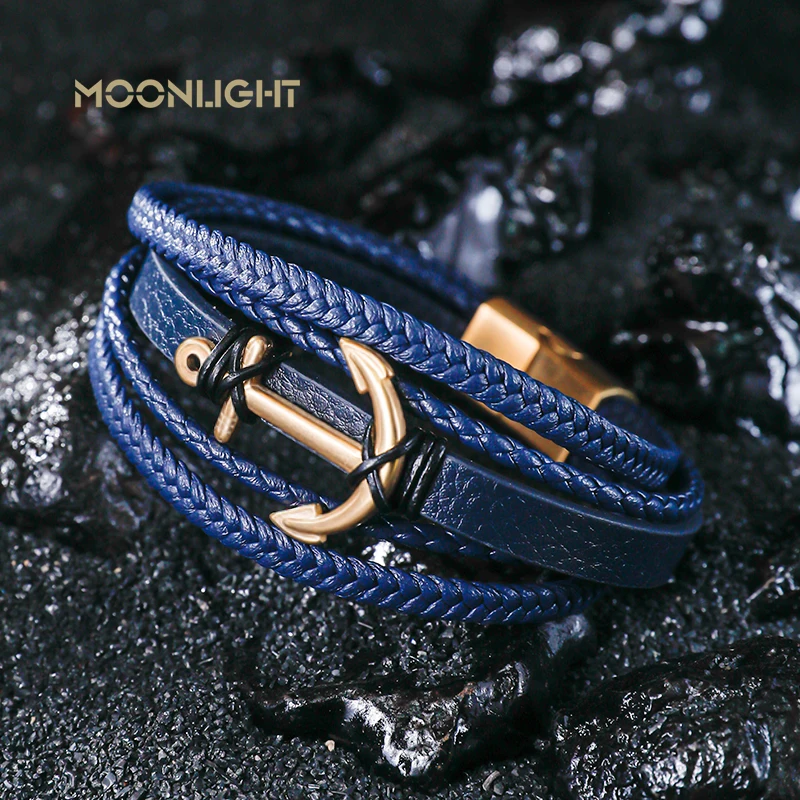 Fashion Stainless Steel Golden Ship\'s Anchor Bracelet Charm Men Leather Bracelet Braided Punk Rock Bangles Jewelry Accessories